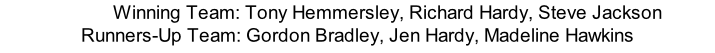 Winning Team: Tony Hemmersley, Richard Hardy, Steve Jackson  Runners-Up Team: Gordon Bradley, Jen Hardy, Madeline Hawkins
